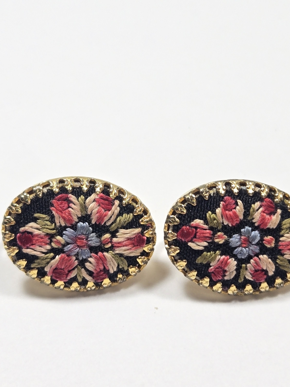 Vintage Petite Point Floral Embroidered Oval Clip On Earrings in Black and Gold